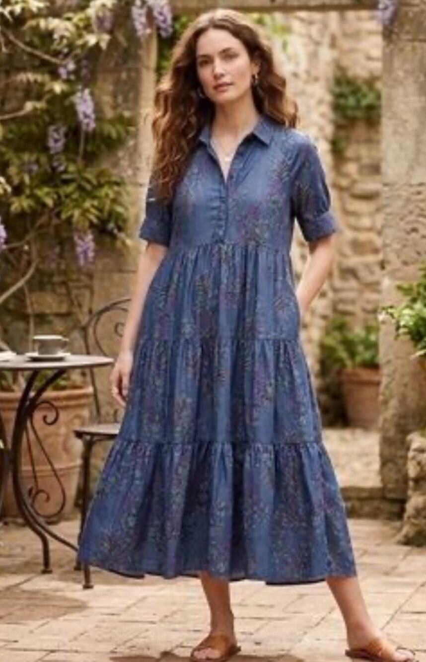 Natural Life Rebecca Midi Dress Medium Wisteria Floral Chambray Layered Boho